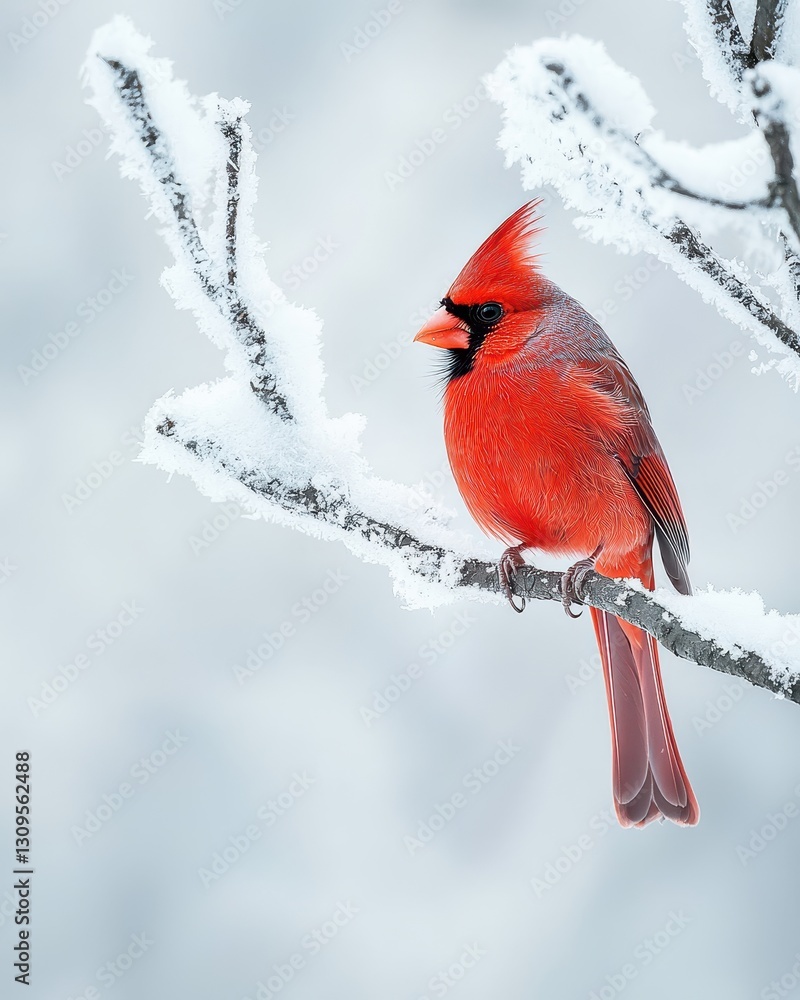 Vibrant Red Bird Perched on Frosty Branch in Winter Wonderland Vibrant Red Bird Perched on Frosty Branch in Winter Wonderland