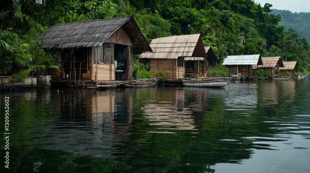 Aesthetic viewpoints traditional bamboo houses on serene waters in a peaceful natural setting Aesthetic viewpoints traditional bamboo houses on serene waters in a peaceful natural setting