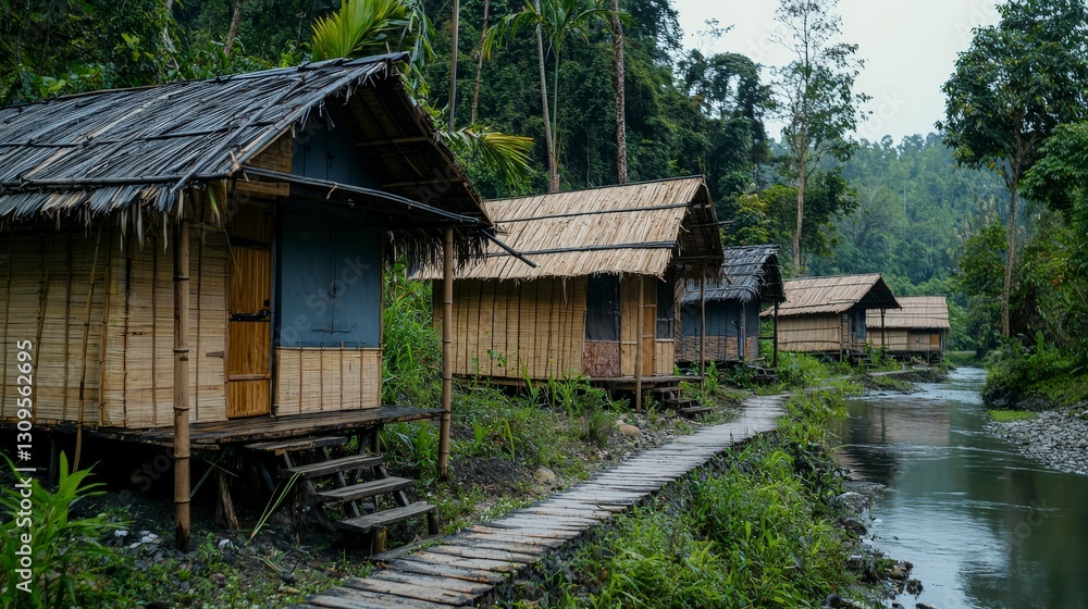 Traditional bamboo houses by a serene river tropical forest photography peaceful landscape cultural heritage Traditional bamboo houses by a serene river tropical forest photography peaceful landscape cultural heritage