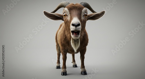 Close-up Portrait of Cartoon Goat with Beard and Horns on Grey Background