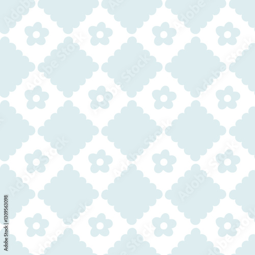 Preppy lace geometric seamless pattern in rhombus with cute little flowers. Vector cute cartoon hand drawn vintage illustration. for textile printing, baby clothes, wallpaper, packaging, scrubbing
