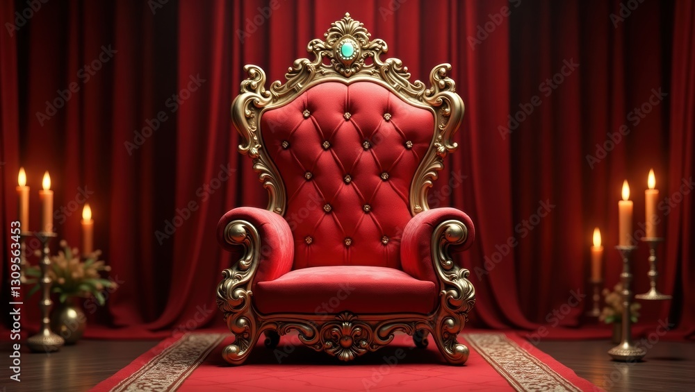 Majestic Red Velvet Throne Chair with Gold Accents in Regal Setting Majestic Red Velvet Throne Chair with Gold Accents in Regal Setting