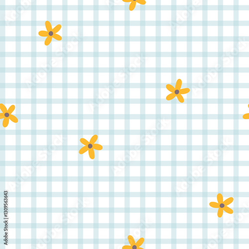 Gingham seamless vector pattern with meadow chamomile flowers. Tartan check for tablecloths, napkins, clothes, packaging, for the Easter holiday. Cozy cute childish background in a pastel palette.