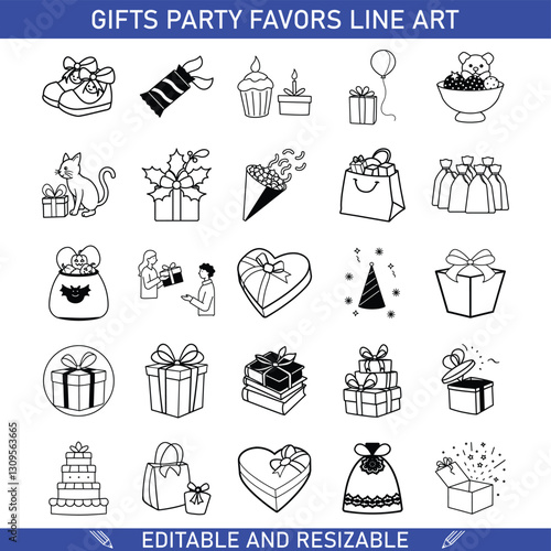 Editable Gift Line Art Party Favors, Presents, and Celebrations