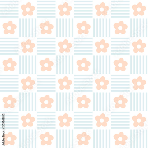 Gingham seamless vector pattern with meadow chamomile flowers. Tartan check for tablecloths, napkins, clothes, packaging, for the Easter holiday. Cozy cute childish background in a pastel palette.