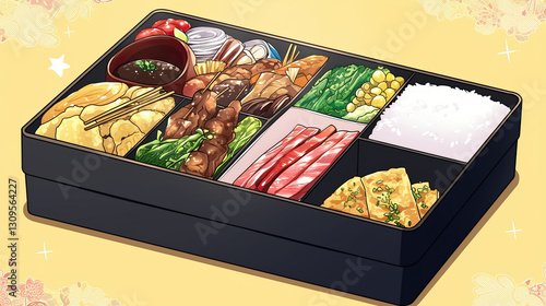 Detailed anime bento box filled with colorful food items including rice vegetables and protein arranged in an artistic manner for an appealing presentation