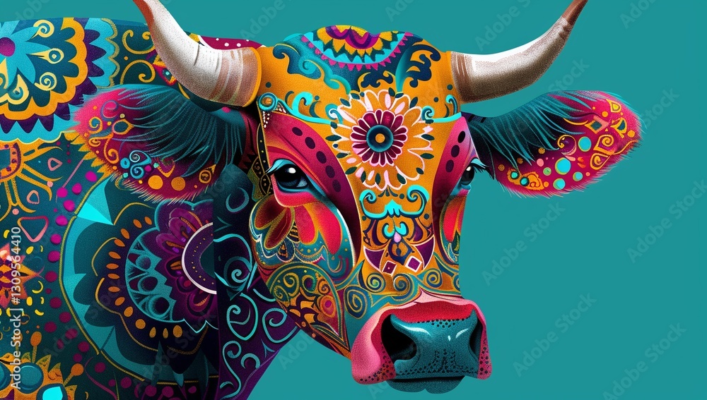 Obraz premium Vibrant portrait of a cow adorned in ornate, colorful patterns. A stunning display of digital art.