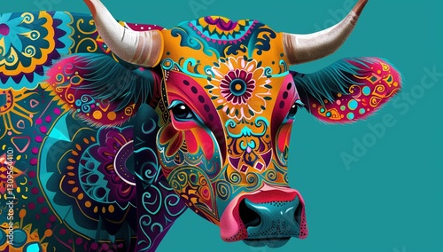 Vibrant portrait of a cow adorned in ornate, colorful patterns. A stunning display of digital art.