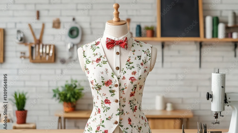 Obraz premium Elegant floral-patterned vest displayed on a mannequin in a cozy seamstress workshop, surrounded by sewing tools and fabrics.