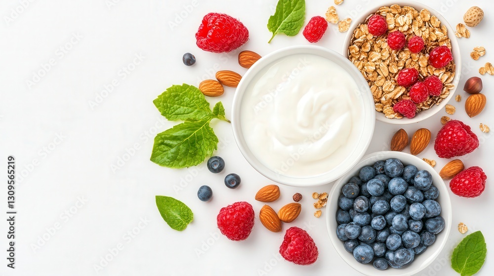 Fresh yogurt with granola and mixed berries surrounded by mint leaves on a white background. Fresh yogurt with granola and mixed berries surrounded by mint leaves on a white background.