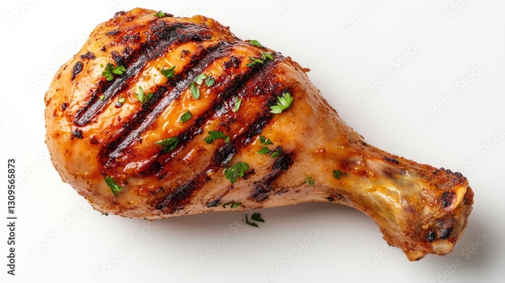 Golden brown grilled chicken leg with crispy skin and juicy texture isolated on a clean white background, perfect for food photography, menu design, and culinary presentations Golden brown grilled chicken leg with crispy skin and juicy texture isolated on a clean white background, perfect for food photography, menu design, and culinary presentations