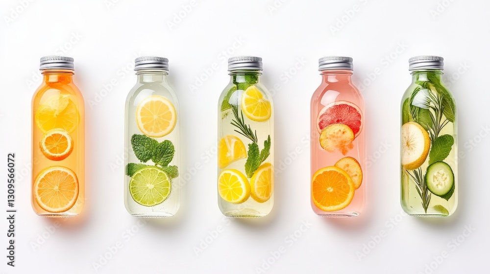 Five colorful bottles filled with refreshing infused waters featuring fruits and herbs, arranged neatly on a white background.