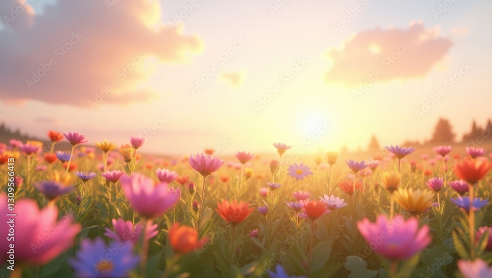 Obraz premium Vibrant Wildflower Meadow at Sunset Colorful Spring Flowers Nature Background