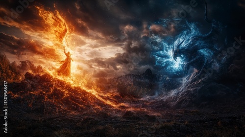 Wallpaper Mural Celestial battle of light and darkness epic landscape digital art dramatic atmosphere fantasy concept Torontodigital.ca