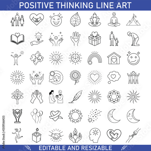 Positive Thinking Line Art Icons Editable, Resizable Vector Graphics