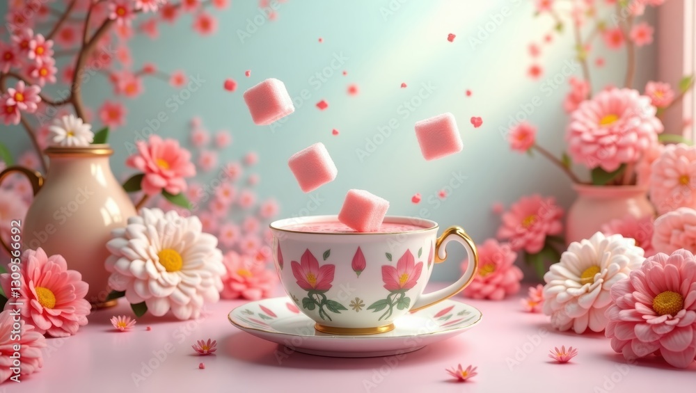 Pink Floral Teacup with Falling Sugar Cubes Spring Flowers Pastel Background Pink Floral Teacup with Falling Sugar Cubes Spring Flowers Pastel Background