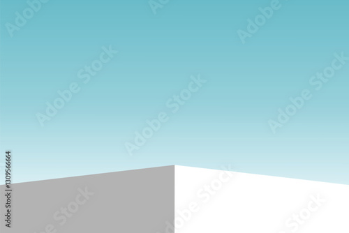 The corner of the white podium with bright blue sky, Blank white product studio background, stage, podium for presentation vector illustration design for display cosmetic or beauty product.