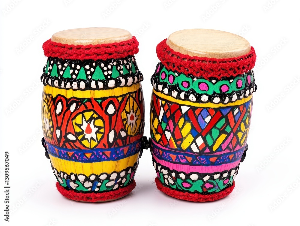 Pair of Colorful Hand Drums with Vibrant Geometric Patterns on White Background Pair of Colorful Hand Drums with Vibrant Geometric Patterns on White Background