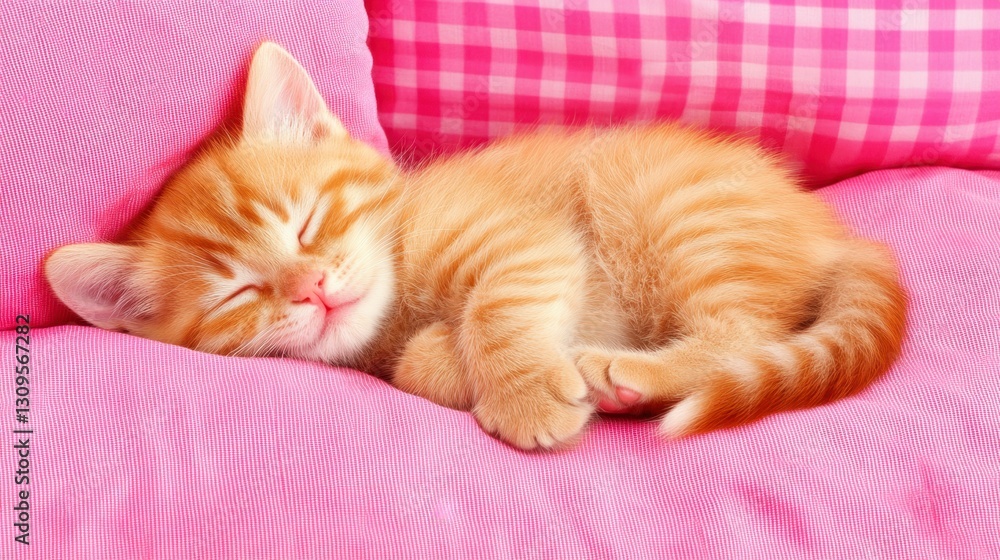Adorable ginger kitten curled up sleeping peacefully on a pink pillow. Soft lighting, close up shot. Adorable ginger kitten curled up sleeping peacefully on a pink pillow. Soft lighting, close up shot.