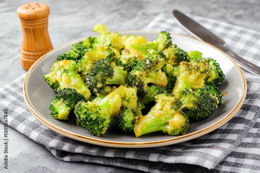 Freshly cooked fried broccoli in a golden crispy breading. The dish was served on a stylish ceramic plate and lay on a cloth napkin in cages. Suitable for food blogs, restaurant menus. Healthy eating Freshly cooked fried broccoli in a golden crispy breading. The dish was served on a stylish ceramic plate and lay on a cloth napkin in cages. Suitable for food blogs, restaurant menus. Healthy eating