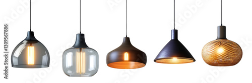 Set of minimalist hanging lamps isolated on transparent background. Front view of modern minimalist pendant hanging lamp for home interior decoration elements. Generative AI