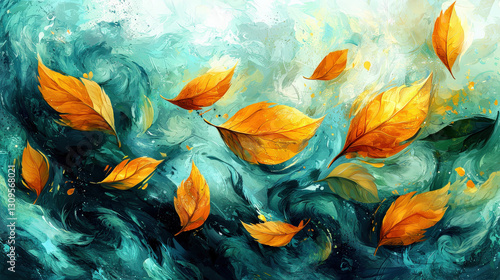Whirling autumn leaves in turquoise waves nature art abstract environment vibrant viewpoint