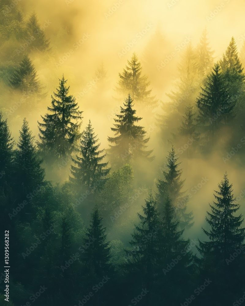 Obraz premium Ethereal Morning Mist Envelops Evergreen Forest Landscape