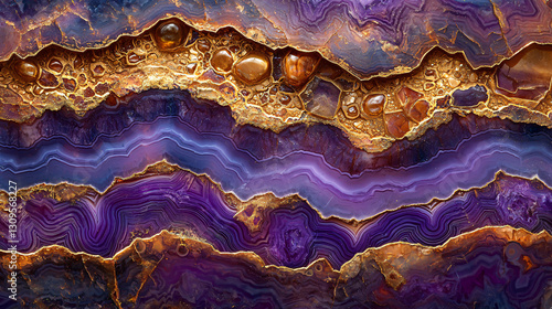 Stunning Macro Shot of a Cross-Sectioned Agate Geode with Golden Inclusions photo