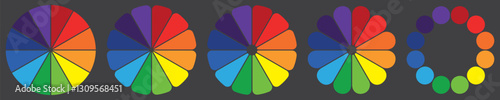 Color palette set, colors gradation chart diagrams set, rainbow multicolored round element, color spectrum in dark background.