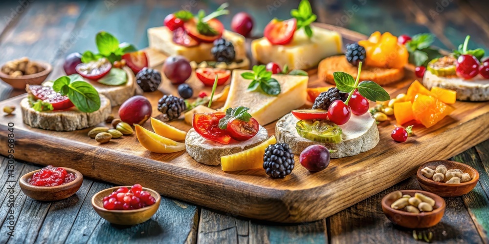 A delectable appetizer with vibrant colors and textures on a wooden cutting board, close-up, plate, close-up, plate, tasty A delectable appetizer with vibrant colors and textures on a wooden cutting board, close-up, plate, close-up, plate, tasty