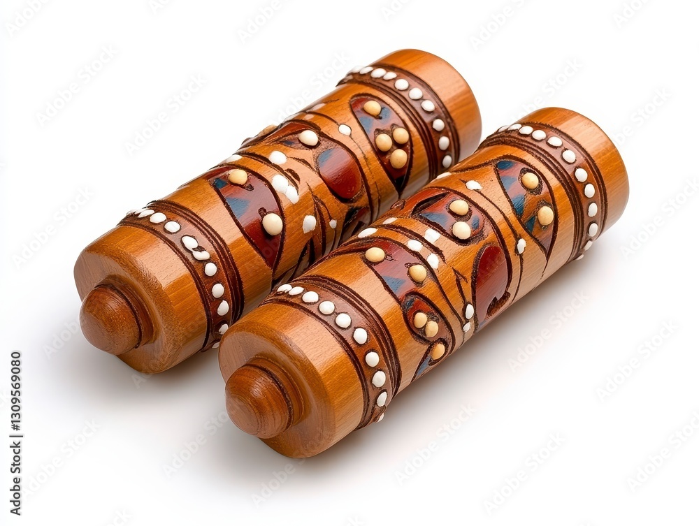 Pair of Ornate Wooden Rollers with Ethnic Pattern on White Background Pair of Ornate Wooden Rollers with Ethnic Pattern on White Background