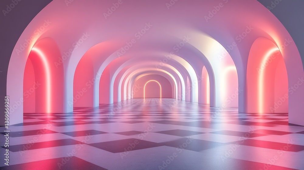 Neon arch hallway; futuristic, pink, light, reflection Neon arch hallway; futuristic, pink, light, reflection