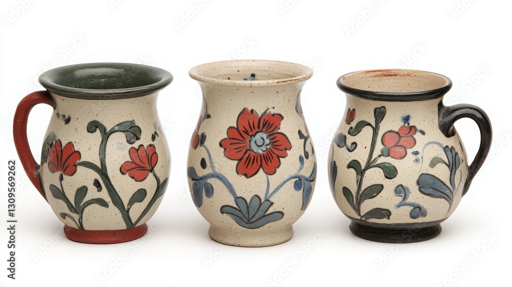 Three Ceramic Mugs with Hand-Painted Floral Designs Three Ceramic Mugs with Hand-Painted Floral Designs