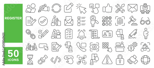 Set of 50 line icons related to register, sign up, signature, clipboard, checklist, compliance, pen, terms, agreement, membership, registration, Editable stroke. Vector illustration
