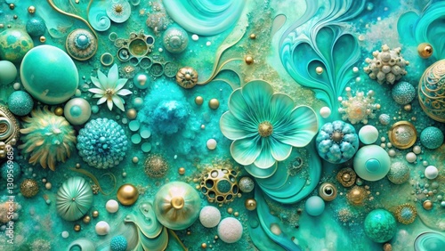 Vibrant turquoise and mint hues blended in a unique abstract art style with metallic accents creating a mesmerizing visual effect , modern, vibrant