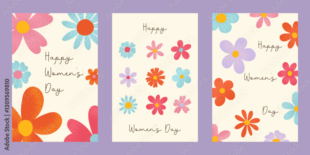 Set floral greeting cards for Happy Womens Day. Flat vector illustration. Colorful various textured hand drawn flowers and text on white background. For poster, background, cover, label. Set floral greeting cards for Happy Womens Day. Flat vector illustration. Colorful various textured hand drawn flowers and text on white background. For poster, background, cover, label.
