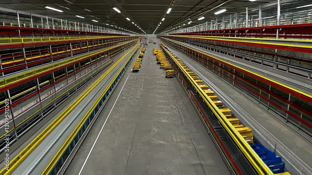 Automated Warehouse Interior: High-Bay Storage System with Conveyors Automated Warehouse Interior: High-Bay Storage System with Conveyors
