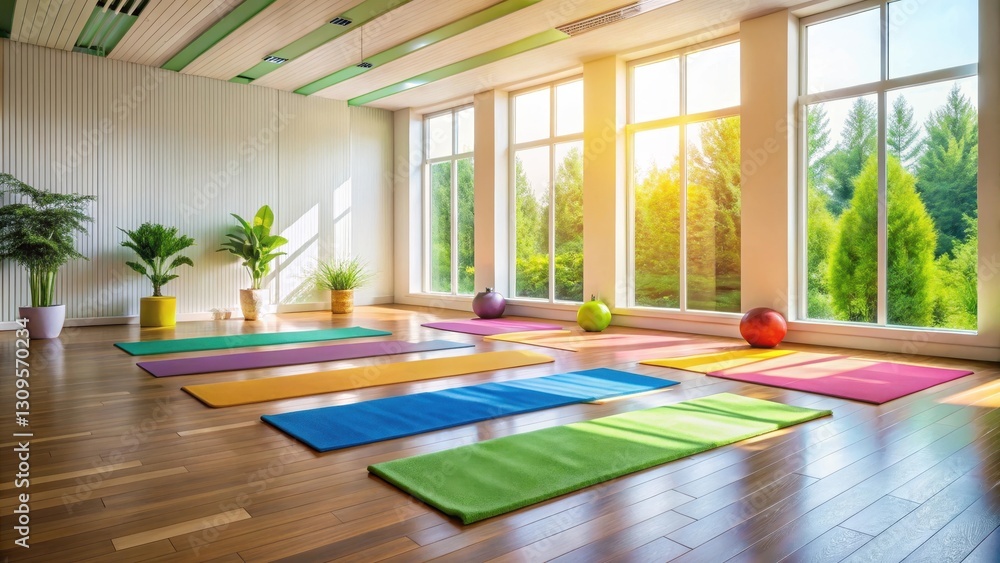 Fototapeta premium A serene yoga studio with vibrant colorful mats in a peaceful environment, soothing atmosphere , peaceful