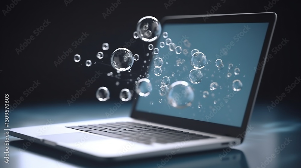 Digital Bubbles Emerging from Laptop Screen. Digital Bubbles Emerging from Laptop Screen.