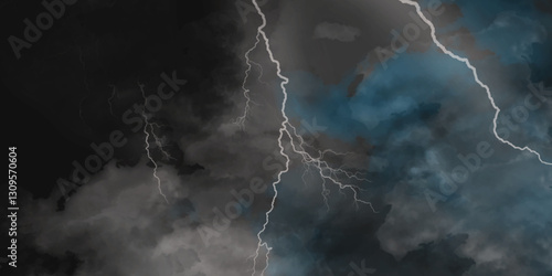 Fork lightning striking down during summer storm. Lightning, thunder cloud dark cloudy sky. 
