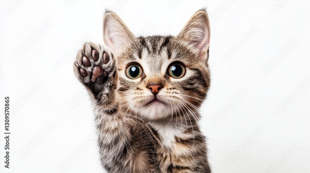 Funny tabby cat raising a paw with wide eyes, isolated on a bright white background. Funny tabby cat raising a paw with wide eyes, isolated on a bright white background.