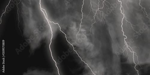 Fork lightning striking down during summer storm. Lightning, thunder cloud dark cloudy sky. 
