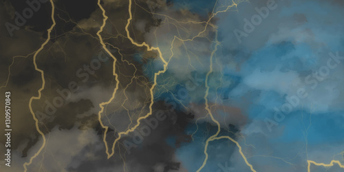 Fork lightning striking down during summer storm. Lightning, thunder cloud dark cloudy sky. 
