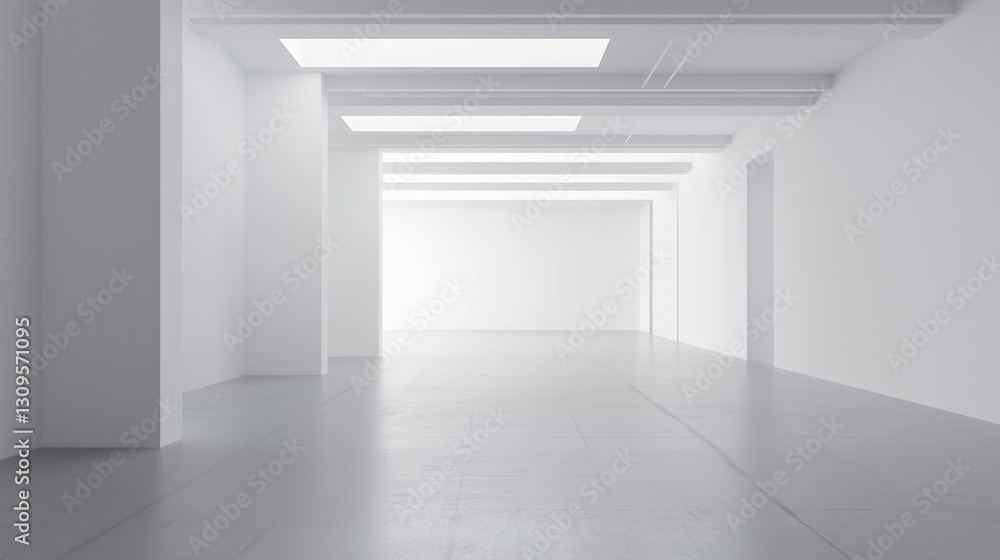Minimalistic room space in fill - directional light with empty white wall with windows. A view of a white painted interior of an empty room or an art gallery with skylight lighting and concrete floors Minimalistic room space in fill - directional light with empty white wall with windows. A view of a white painted interior of an empty room or an art gallery with skylight lighting and concrete floors