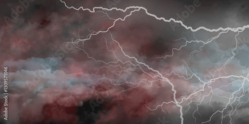 Fork lightning striking down during summer storm. Lightning, thunder cloud dark cloudy sky. 
