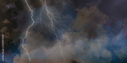 Fork lightning striking down during summer storm. Lightning, thunder cloud dark cloudy sky. 
