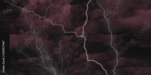 Fork lightning striking down during summer storm. Lightning, thunder cloud dark cloudy sky. 
