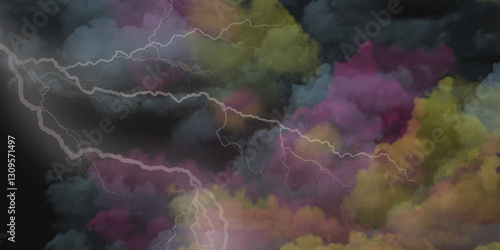 Fork lightning striking down during summer storm. Lightning, thunder cloud dark cloudy sky. 
