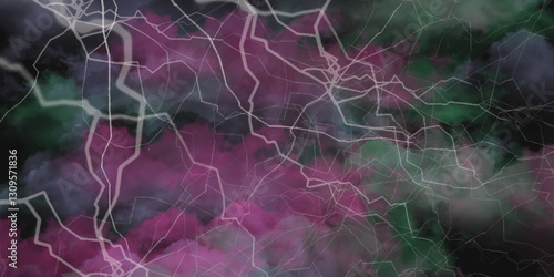 Fork lightning striking down during summer storm. Lightning, thunder cloud dark cloudy sky. 
