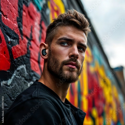 Young man with earbuds and graffiti. Pensive young man with wireless earbuds standing against colorful graffiti wall.